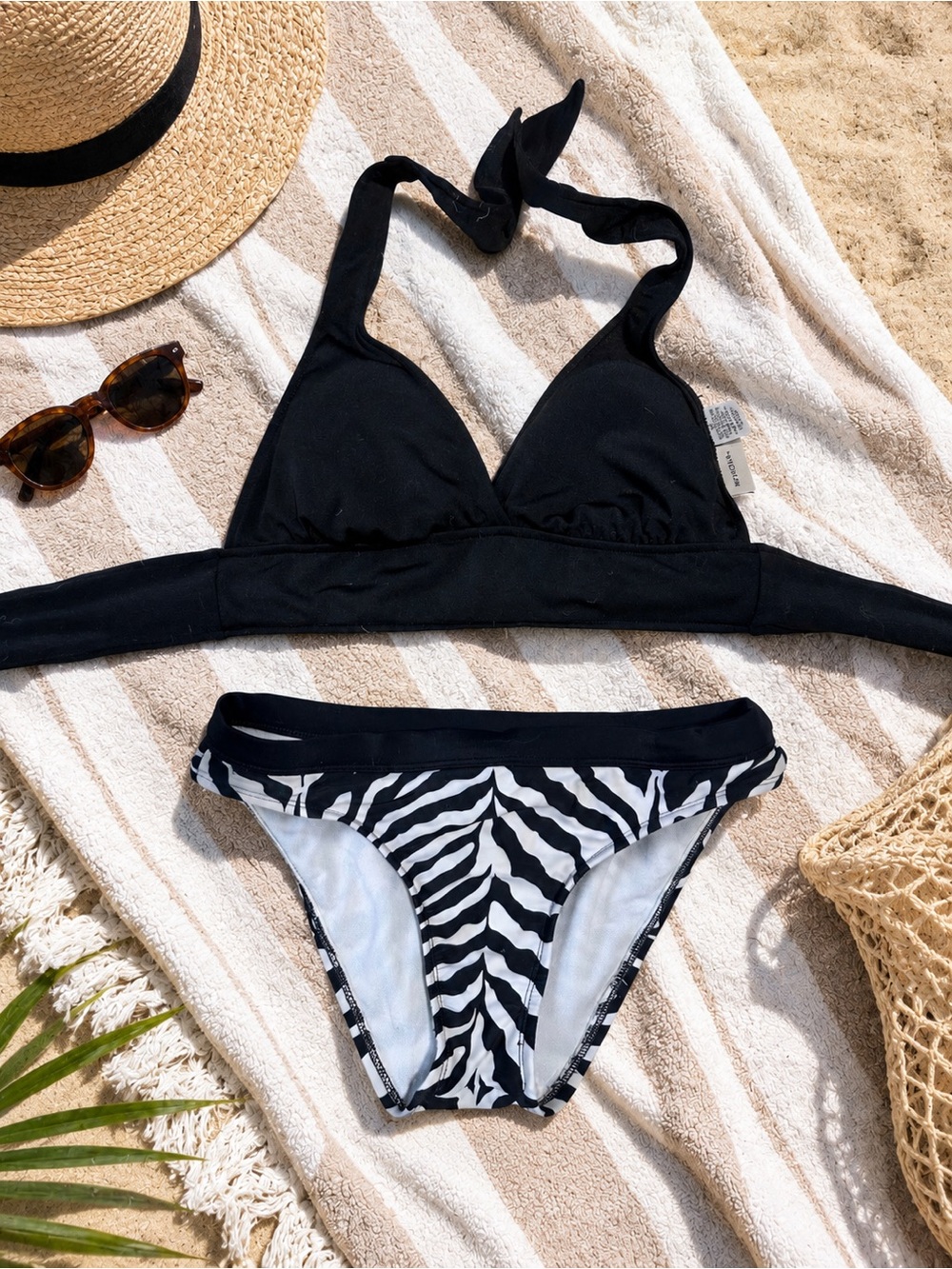 Black Halter Bikini Top with Black & White Zebra Briefs - Women Swim